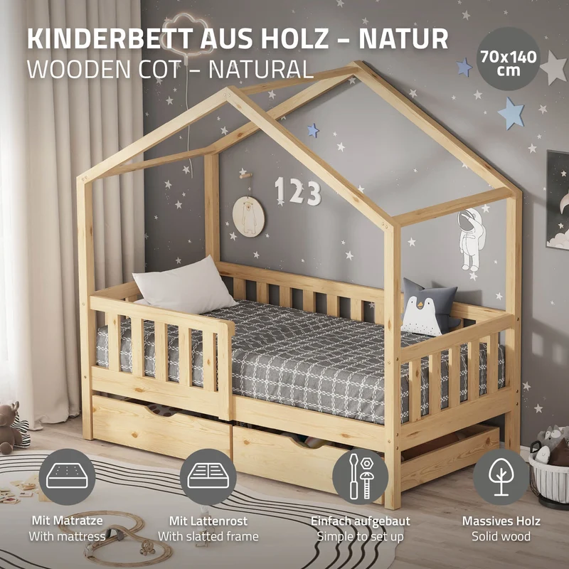 Kinderbett Hausbett 70x140 cm Natur aus Kiefernholz mit Matratze H:10cm, 2 Schubkasten, Rausfallschutz & Lattenrost ML-Design