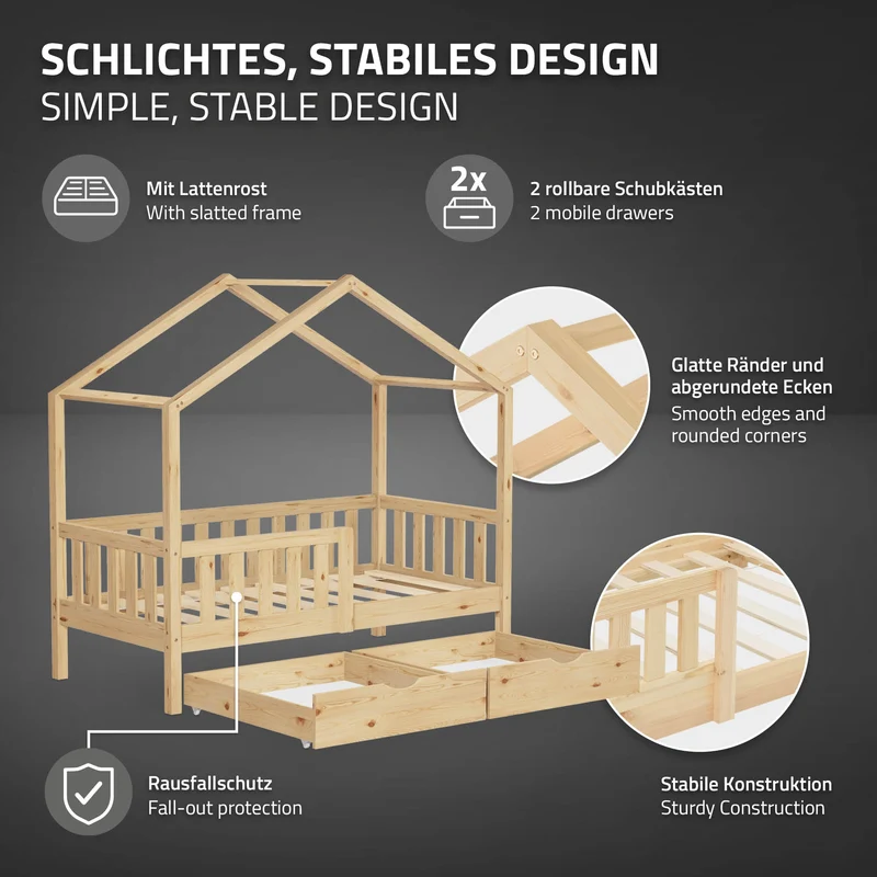 Kinderbett Hausbett 70x140 cm Natur aus Kiefernholz mit Matratze H:10cm, 2 Schubkasten, Rausfallschutz & Lattenrost ML-Design