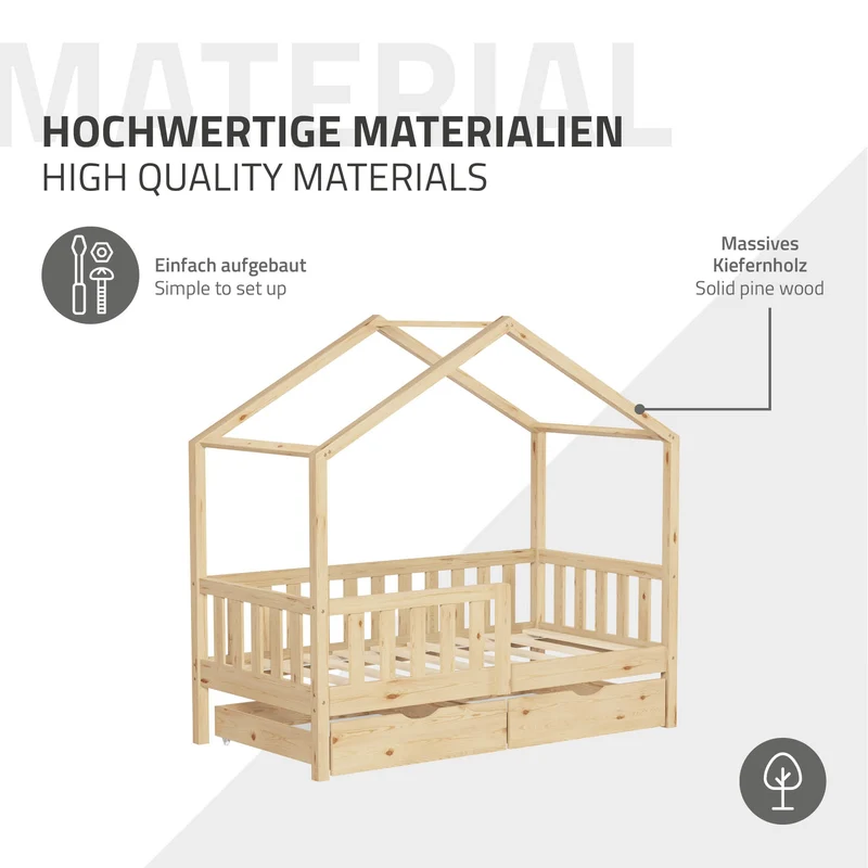 Kinderbett Hausbett 70x140 cm Natur aus Kiefernholz mit Matratze H:10cm, 2 Schubkasten, Rausfallschutz & Lattenrost ML-Design