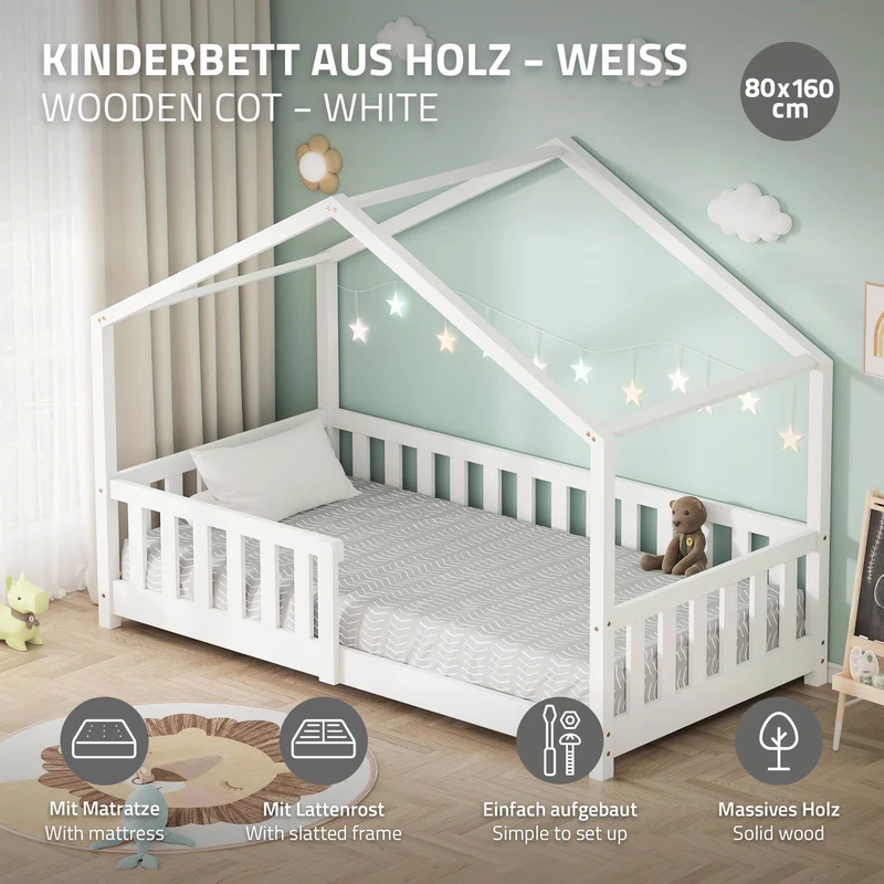 Kinderbett Hausbett 80x160 cm Weiß aus Kiefernholz mit Matratze H:10cm Rausfallschutz und Lattenrost ML-Design