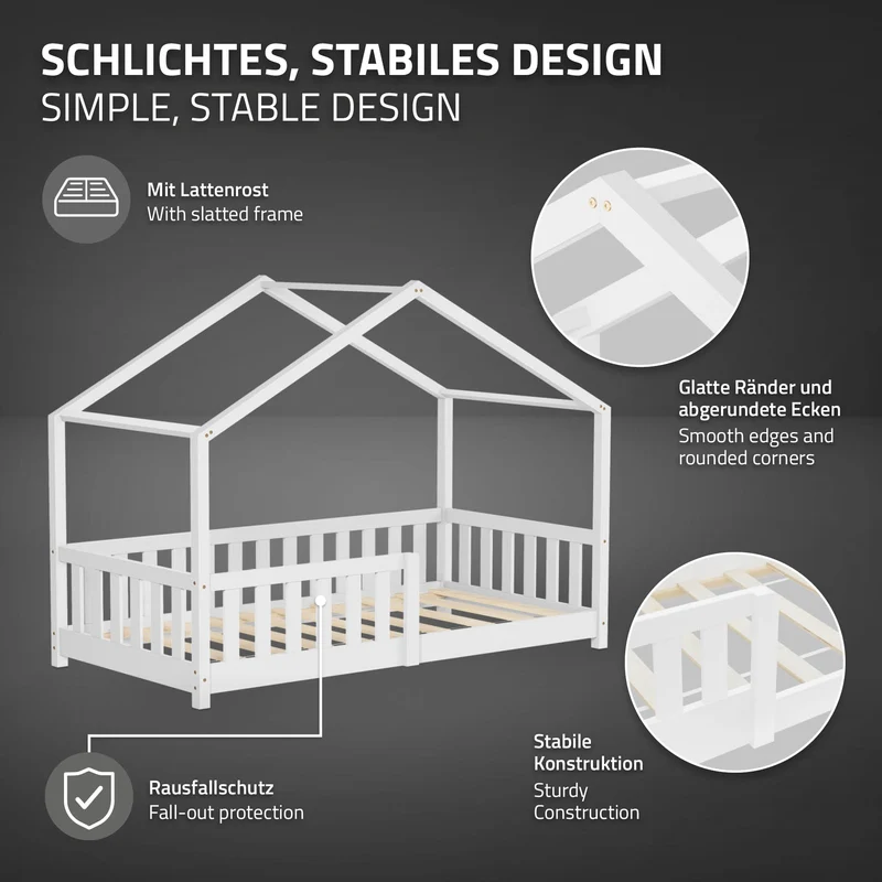 Kinderbett Hausbett 80x160 cm Weiß aus Kiefernholz mit Matratze H:10cm Rausfallschutz und Lattenrost ML-Design