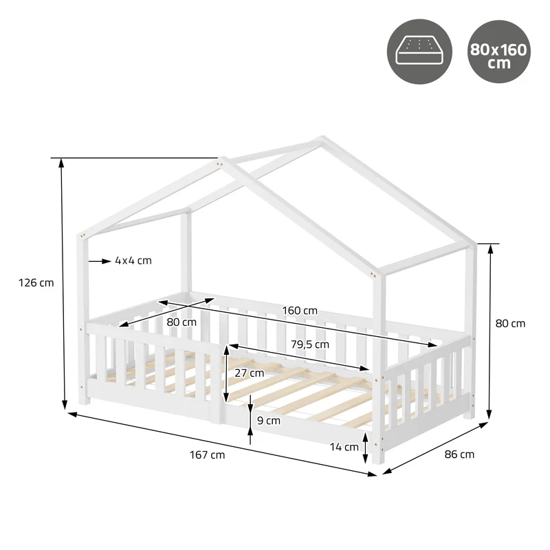 Kinderbett Hausbett 80x160 cm Weiß aus Kiefernholz mit Matratze H:10cm Rausfallschutz und Lattenrost ML-Design