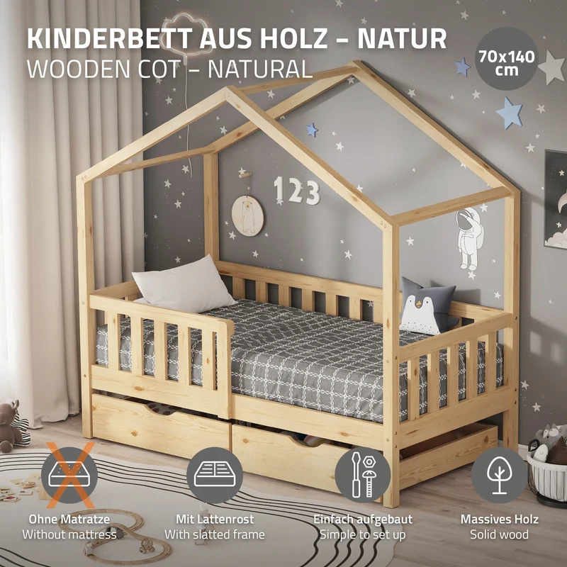 Kinderbett Hausbett mit 2 Schubkasten 70x140 cm Natur aus Kiefernholz mit Rausfallschutz und Lattenrost ML-Design