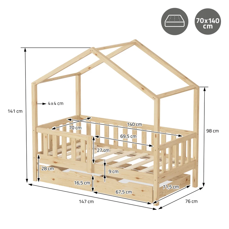 Kinderbett Hausbett mit 2 Schubkasten 70x140 cm Natur aus Kiefernholz mit Rausfallschutz und Lattenrost ML-Design