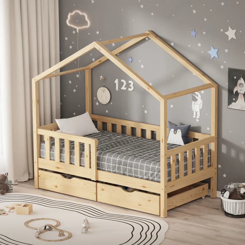 Kinderbett Hausbett mit 2 Schubkasten 70x140 cm Natur aus Kiefernholz mit Rausfallschutz und Lattenrost ML-Design