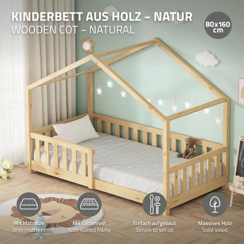 Kinderbett Hausbett 80x160 cm Natur aus Kiefernholz mit Matratze H:10cm Rausfallschutz und Lattenrost ML-Design