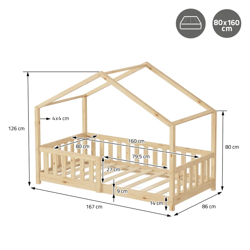 Kinderbett Hausbett 80x160 cm Natur aus Kiefernholz mit Matratze H:10cm Rausfallschutz und Lattenrost ML-Design