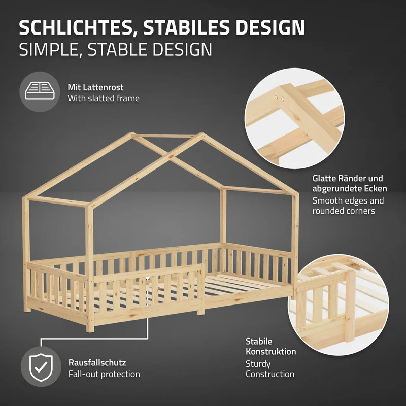 Kinderbett Hausbett 90x200 cm Natur aus Kiefernholz Holzbett mit Rausfallschutz und Lattenrost ML-Design