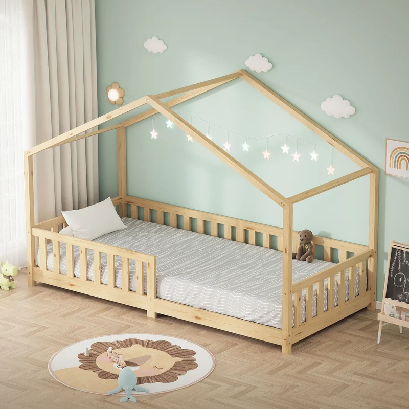Kinderbett Hausbett 90x200 cm Natur aus Kiefernholz Holzbett mit Rausfallschutz und Lattenrost ML-Design