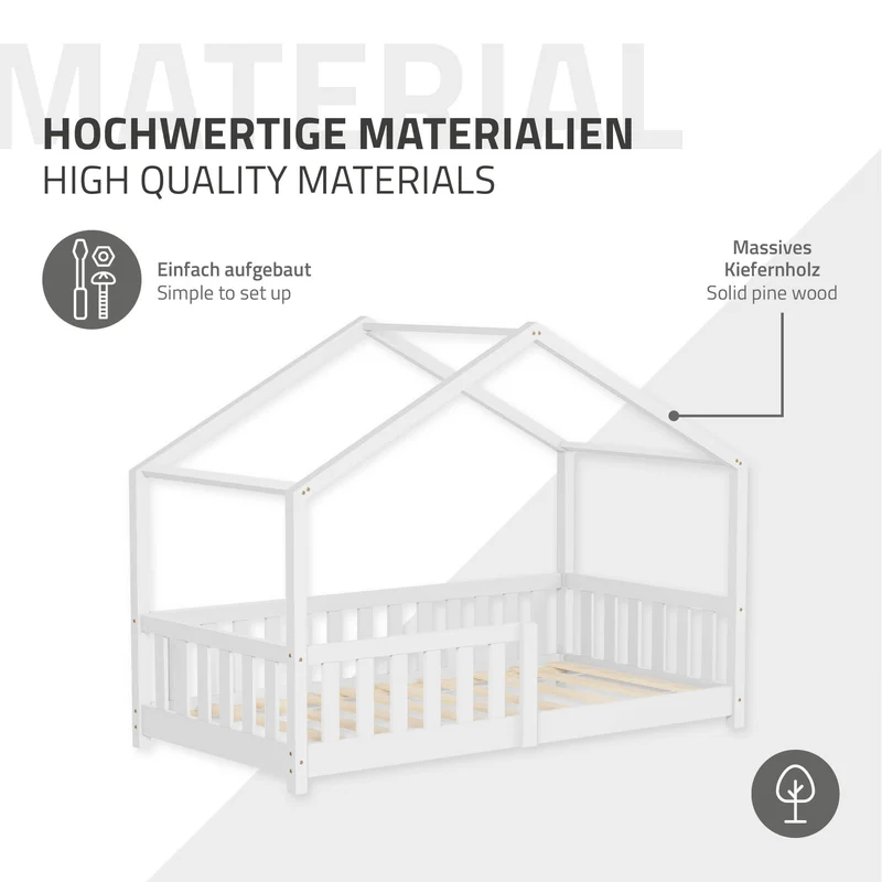 Kinderbett Hausbett 80x160 cm Weiß aus Kiefernholz Holzbett mit Rausfallschutz und Lattenrost ML-Design