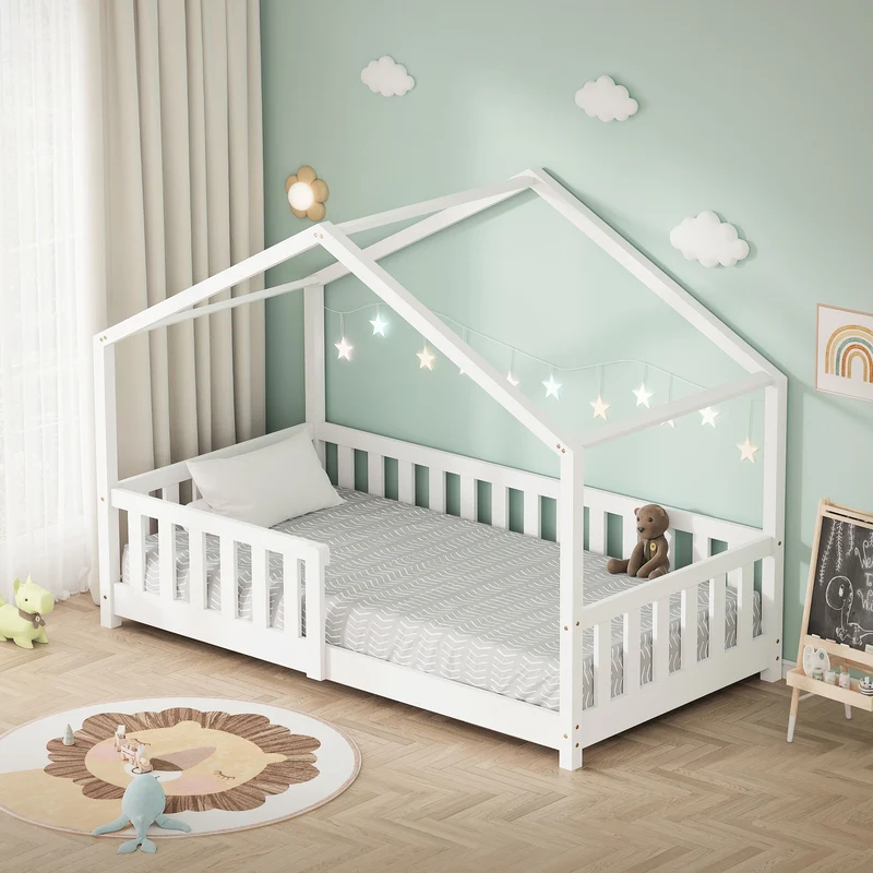 Kinderbett Hausbett 80x160 cm Weiß aus Kiefernholz Holzbett mit Rausfallschutz und Lattenrost ML-Design