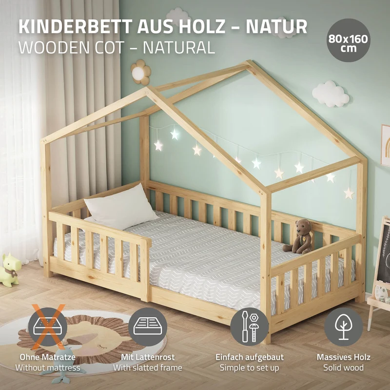 Kinderbett Hausbett 80x160 cm Natur aus Kiefernholz Holzbett mit Rausfallschutz und Lattenrost ML-Design