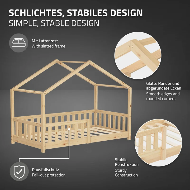 Kinderbett Hausbett 80x160 cm Natur aus Kiefernholz Holzbett mit Rausfallschutz und Lattenrost ML-Design