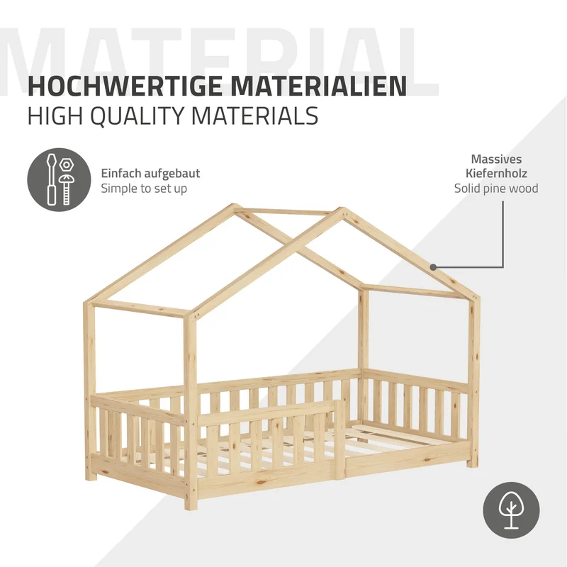 Kinderbett Hausbett 80x160 cm Natur aus Kiefernholz Holzbett mit Rausfallschutz und Lattenrost ML-Design