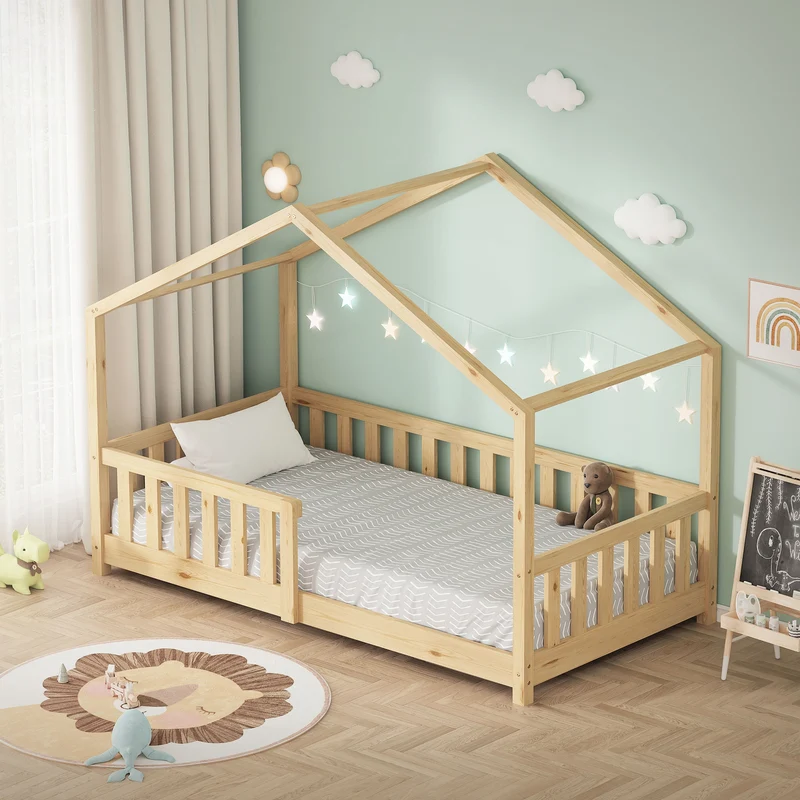Kinderbett Hausbett 80x160 cm Natur aus Kiefernholz Holzbett mit Rausfallschutz und Lattenrost ML-Design