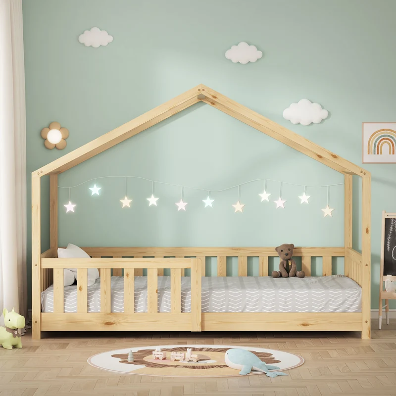 Kinderbett Hausbett 80x160 cm Natur aus Kiefernholz Holzbett mit Rausfallschutz und Lattenrost ML-Design