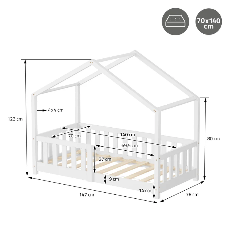 Kinderbett Hausbett 70x140 cm Weiß aus Kiefernholz Holzbett mit Rausfallschutz und Lattenrost ML-Design