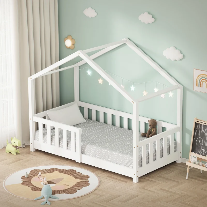 Kinderbett Hausbett 70x140 cm Weiß aus Kiefernholz Holzbett mit Rausfallschutz und Lattenrost ML-Design