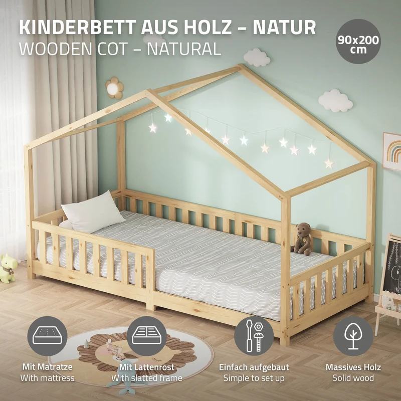 Kinderbett Hausbett 90x200 cm Natur aus Kiefernholz mit Matratze H:10cm Rausfallschutz und Lattenrost ML-Design