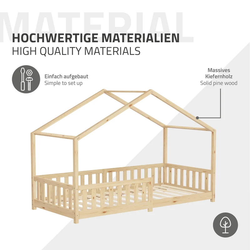 Kinderbett Hausbett 90x200 cm Natur aus Kiefernholz mit Matratze H:10cm Rausfallschutz und Lattenrost ML-Design