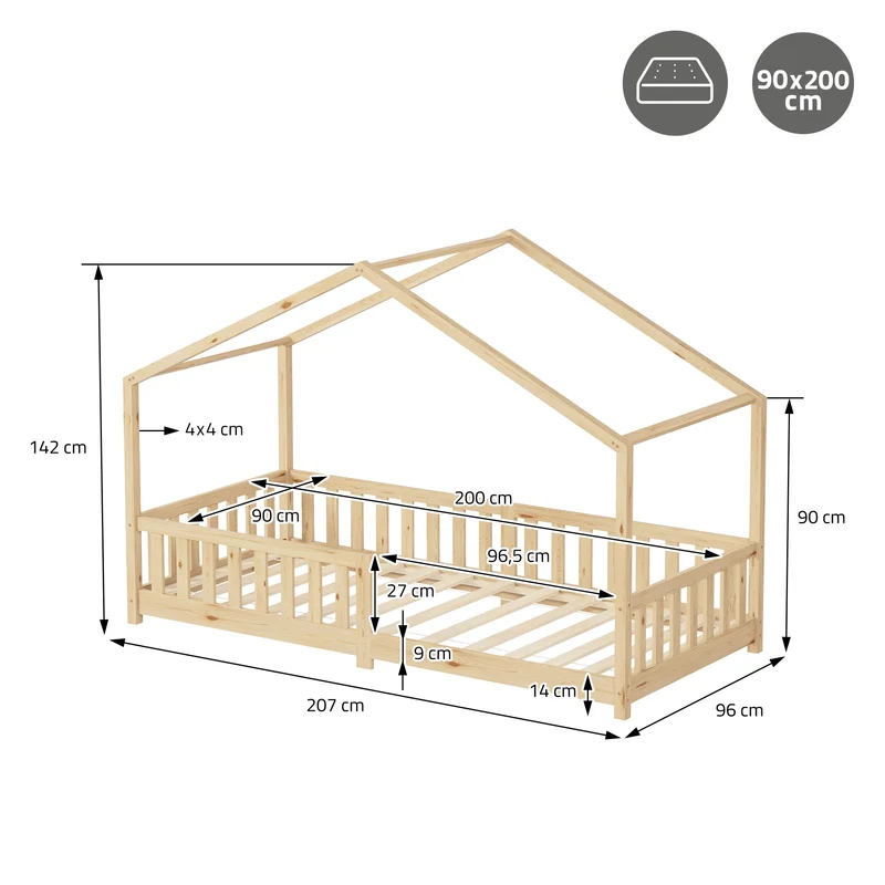 Kinderbett Hausbett 90x200 cm Natur aus Kiefernholz mit Matratze H:10cm Rausfallschutz und Lattenrost ML-Design