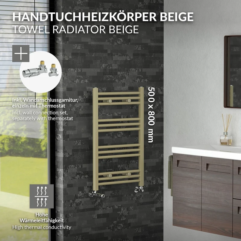 LuxeBath | Handtuchheizkörper Sahara mit Thermostatventil 500x800mm Stahl Beige Badheizkörper gerade Seitenanschluss Handtuchtrockner für Badezimmer