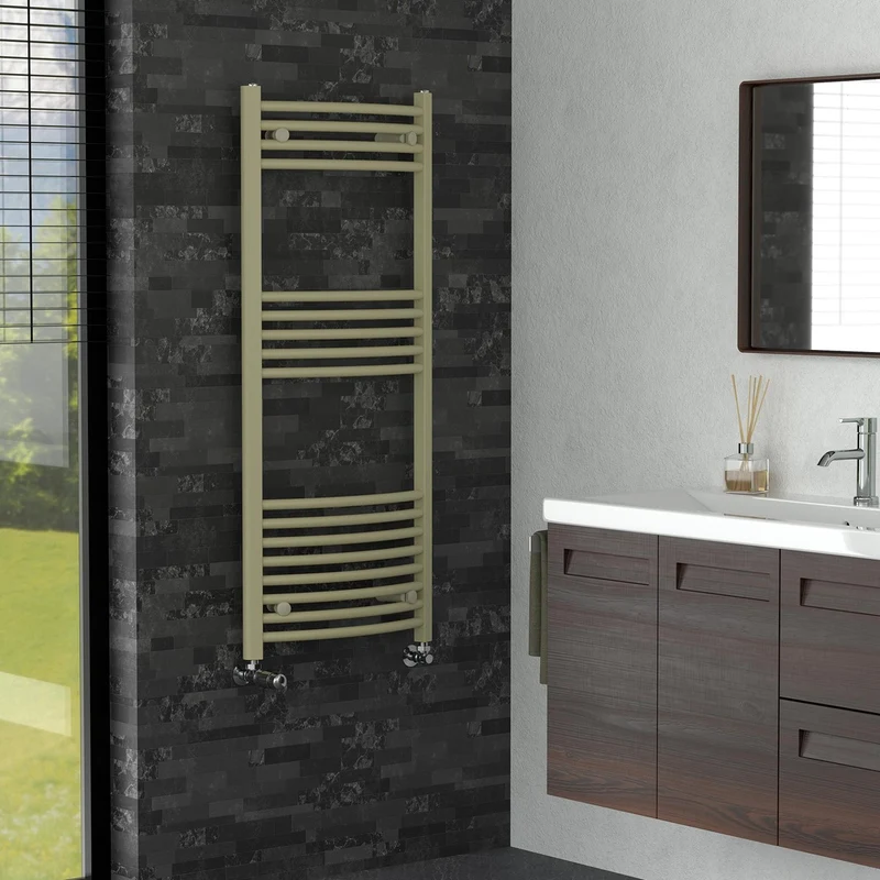 LuxeBath | Handtuchheizkörper Sahara mit Thermostatventil 500x1200mm Stahl Beige Badheizkörper gebogen Seitenanschluss Handtuchtrockner für Badezimmer