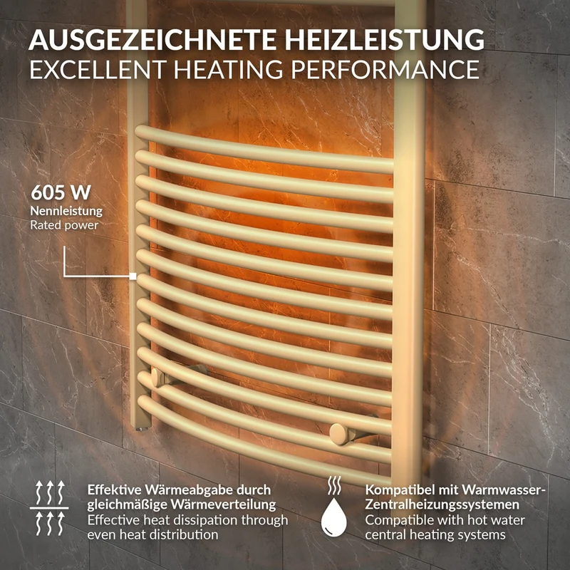 LuxeBath | Handtuchheizkörper Sahara mit Thermostatventil 500x1500mm Stahl Beige Badheizkörper gebogen Seitenanschluss Handtuchtrockner für Badezimmer