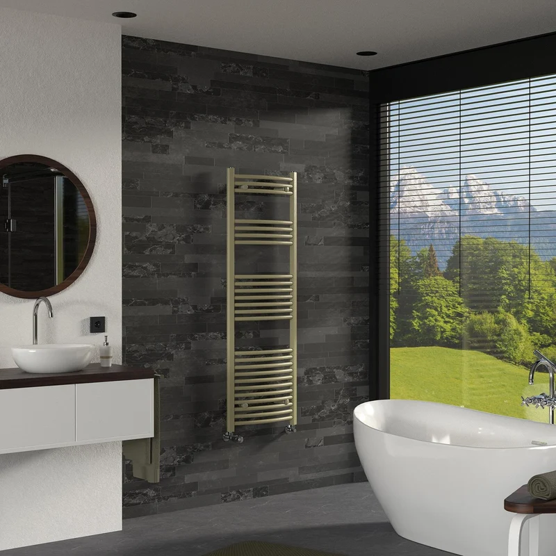 LuxeBath | Handtuchheizkörper Sahara mit Thermostatventil 500x1500mm Stahl Beige Badheizkörper gebogen Seitenanschluss Handtuchtrockner für Badezimmer
