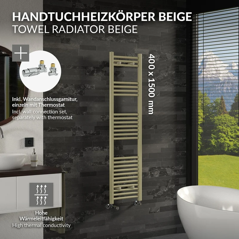 LuxeBath | Handtuchheizkörper Sahara mit Thermostatventil 400x1500mm Stahl Beige Badheizkörper gerade Seitenanschluss Handtuchtrockner für Badezimmer
