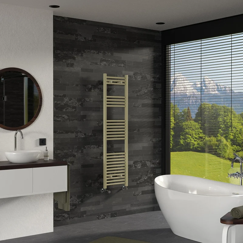 LuxeBath | Handtuchheizkörper Sahara mit Thermostatventil 400x1500mm Stahl Beige Badheizkörper gerade Seitenanschluss Handtuchtrockner für Badezimmer