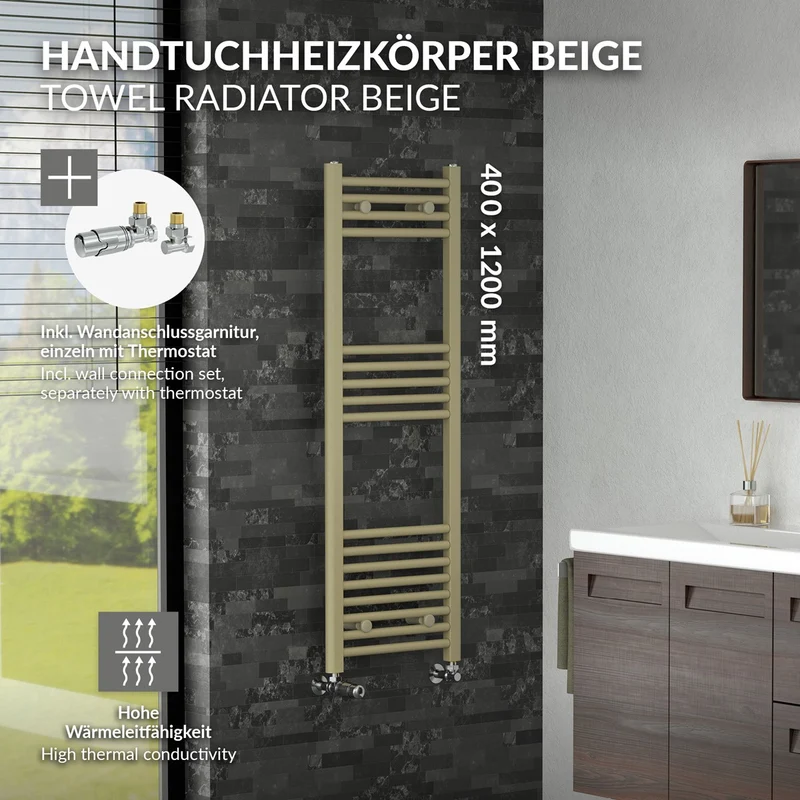 LuxeBath | Handtuchheizkörper Sahara mit Thermostatventil 400x1200mm Stahl Beige Badheizkörper gerade Seitenanschluss Handtuchtrockner für Badezimmer