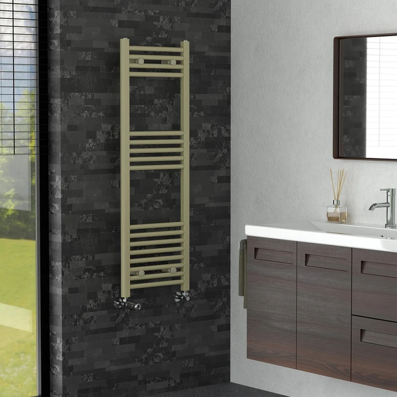 LuxeBath | Handtuchheizkörper Sahara mit Thermostatventil 400x1200mm Stahl Beige Badheizkörper gerade Seitenanschluss Handtuchtrockner für Badezimmer