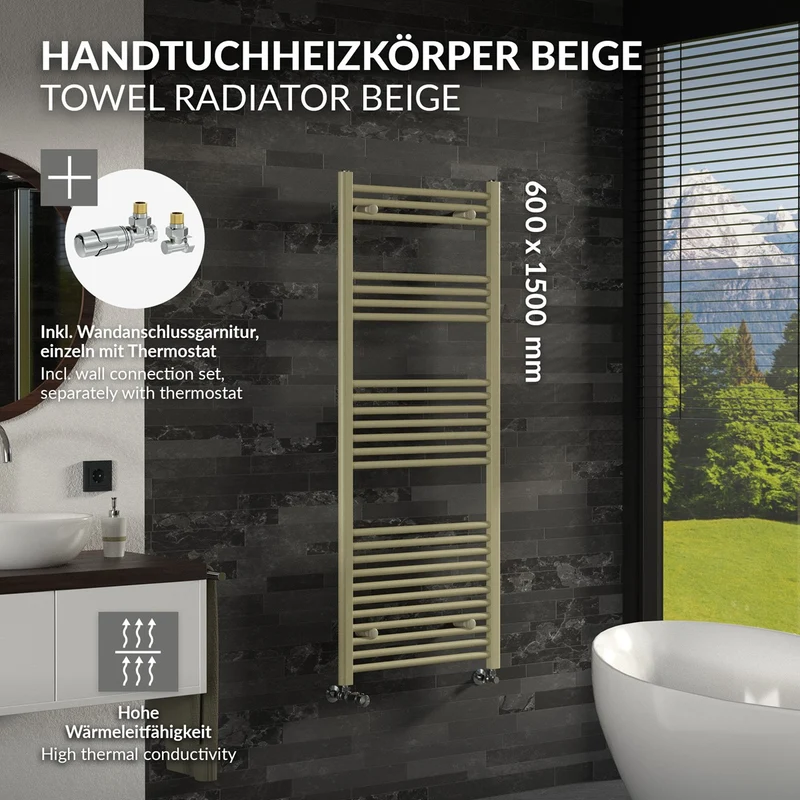 LuxeBath | Handtuchheizkörper Sahara mit Thermostatventil 600x1500mm Stahl Beige Badheizkörper gerade Seitenanschluss Handtuchtrockner für Badezimmer