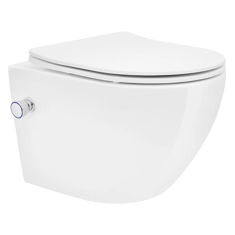 Wand-WC Hänge Toilette aus Keramik 49cm kurz Spülrandlos mit Bidet & Softclose Luxebath