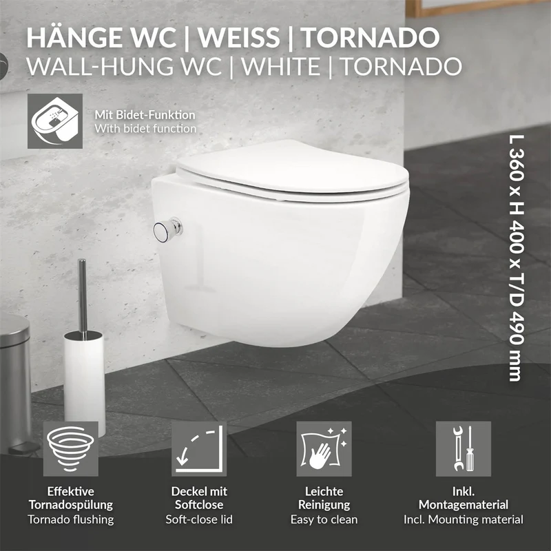 Luxebath | Wand-WC Hänge Toilette aus Keramik kurz/lang Spülrandlos mit Bidet-Funktion & Softclose