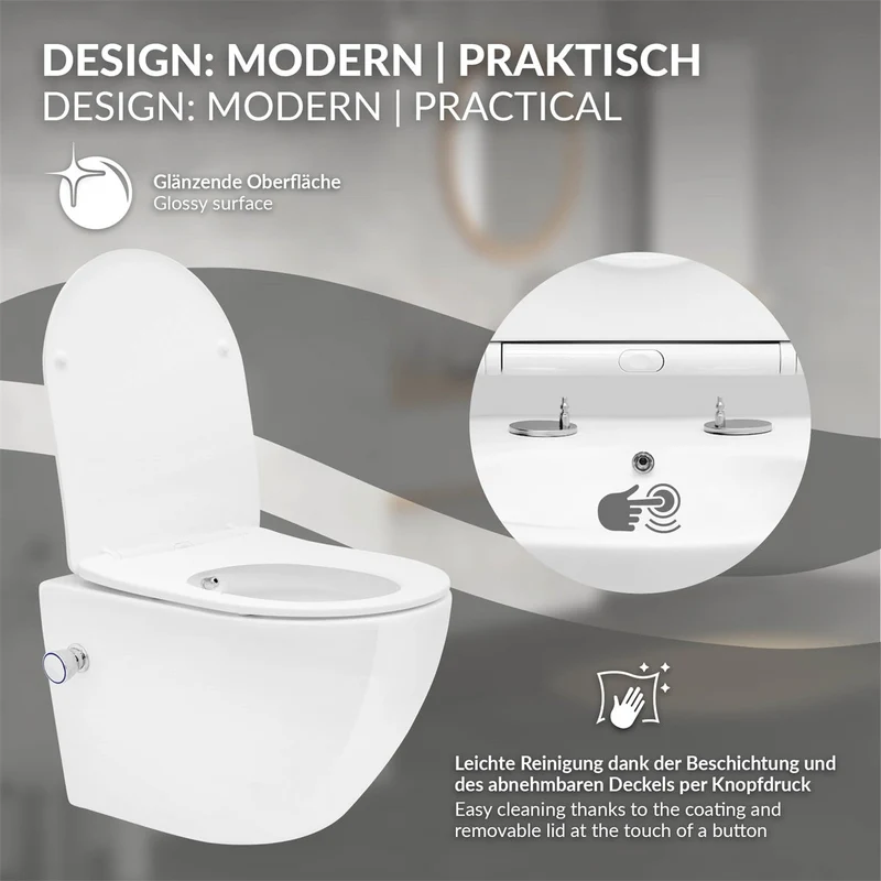 Luxebath | Wand-WC Hänge Toilette aus Keramik kurz/lang Spülrandlos mit Bidet-Funktion & Softclose