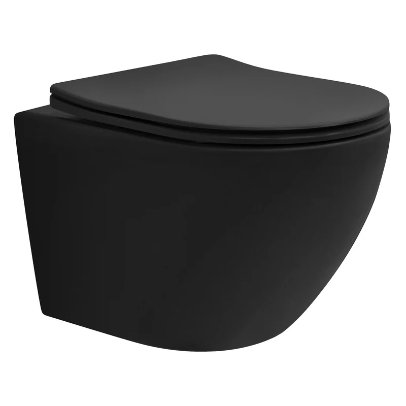 Wand-WC Hänge Toilette aus Keramik Matt Schwarz 49 cm kurz Spülrandlos mit Nanoversiegelung & Softclose Luxebath