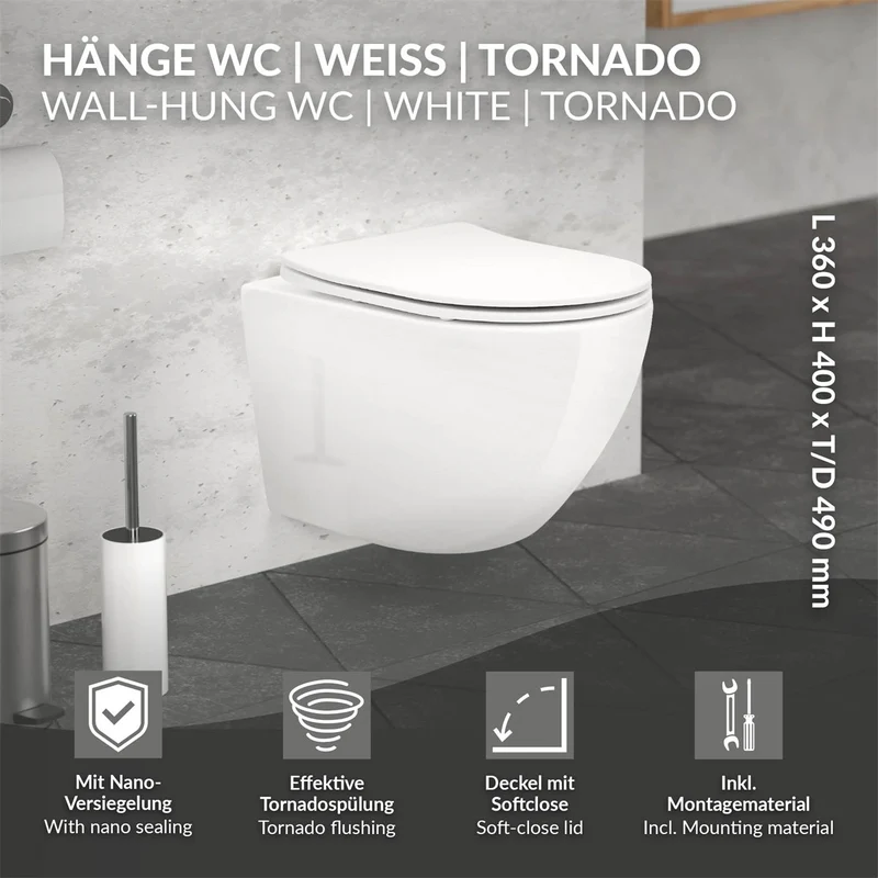 Luxebath | Wand-WC Hänge Toilette aus Keramik kurz/lang Spülrandlos mit Nanoversiegelung & Softclose