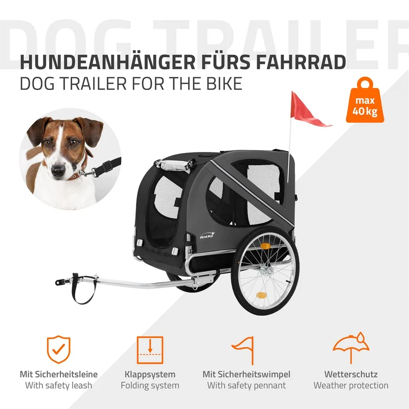 Hauki | Fahrradanhänger & Hundebuggy 2in1 klappbar 130x72x90 cm Hundeanhänger für Hunde bis 40kg, Anhänger mit Reflektoren/Leine/Flagge