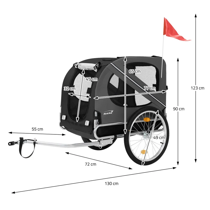 Hauki | Fahrradanhänger & Hundebuggy 2in1 klappbar 130x72x90 cm Hundeanhänger für Hunde bis 40kg, Anhänger mit Reflektoren/Leine/Flagge