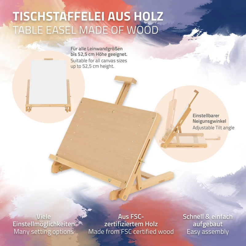 Tischstaffelei verstellbar mit H-Rahmen 44x34x36-60 cm Natur aus Holz
