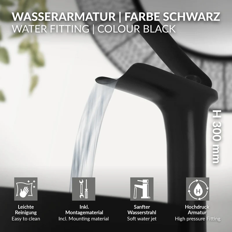 Waschtischarmatur Wasserfall Design 155x48x300 mm Schwarz matt aus Messing von LuxeBath