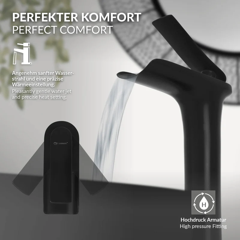 Waschtischarmatur Wasserfall Design 155x48x300 mm Schwarz matt aus Messing von LuxeBath