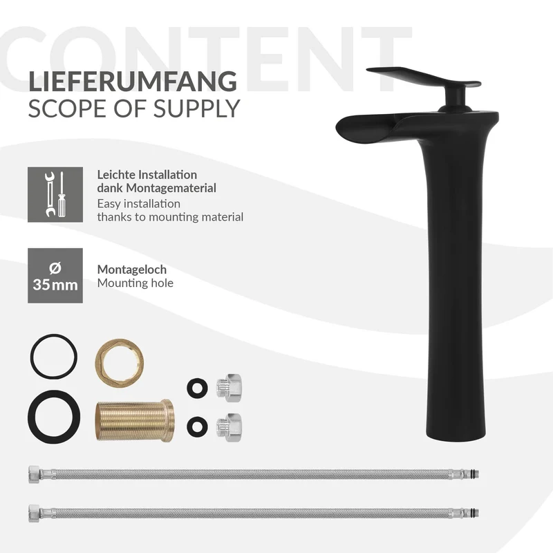 Waschtischarmatur Wasserfall Design 155x48x300 mm Schwarz matt aus Messing von LuxeBath