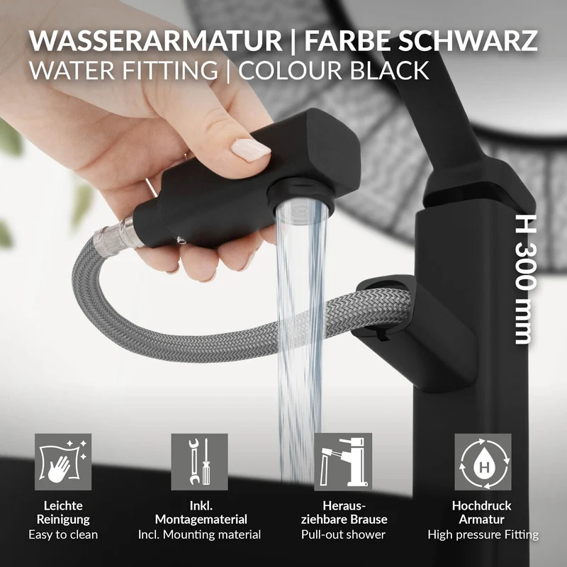 Waschtischarmatur fürs Badezimmer 160x50x300 mm Schwarz matt aus Messing inkl. herausziehbarer Brause von LuxeBath
