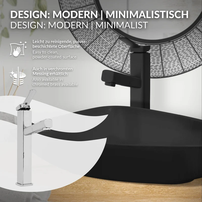 Waschtischarmatur fürs Badezimmer 160x50x300 mm Schwarz matt aus Messing inkl. herausziehbarer Brause von LuxeBath