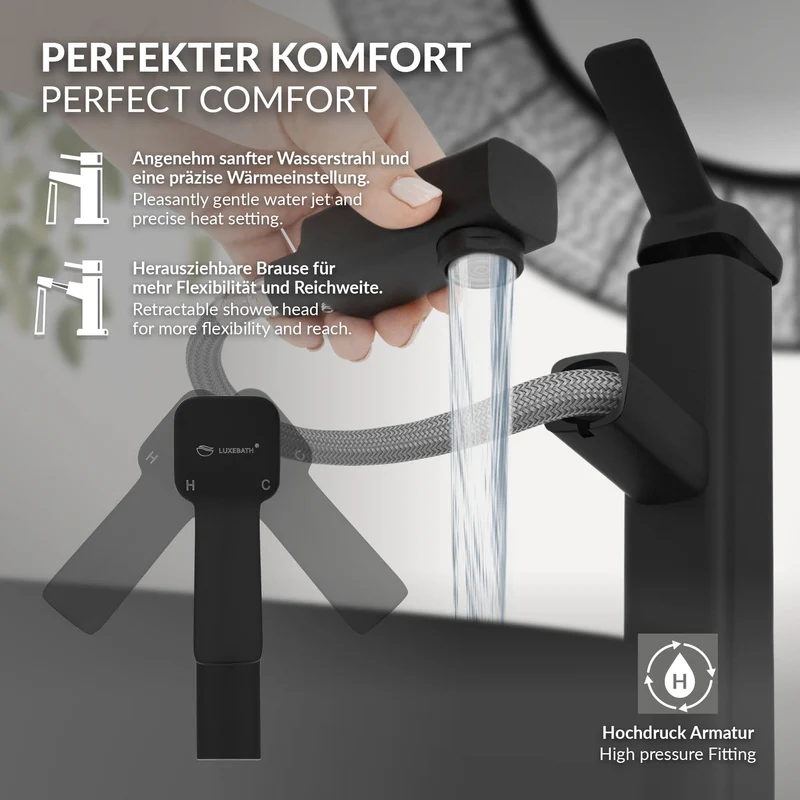 Waschtischarmatur fürs Badezimmer 160x50x300 mm Schwarz matt aus Messing inkl. herausziehbarer Brause von LuxeBath