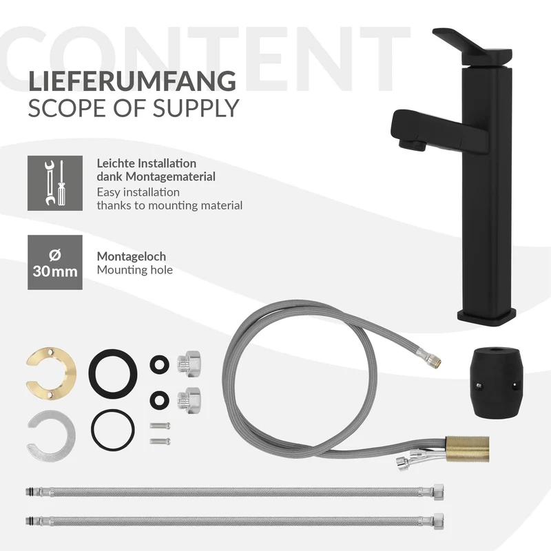 Waschtischarmatur fürs Badezimmer 160x50x300 mm Schwarz matt aus Messing inkl. herausziehbarer Brause von LuxeBath