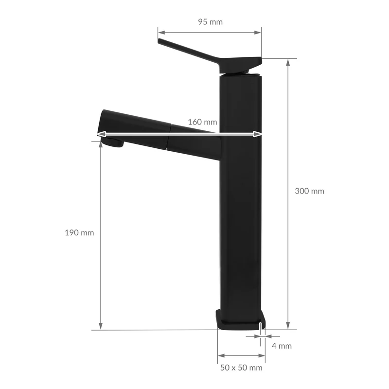 Waschtischarmatur fürs Badezimmer 160x50x300 mm Schwarz matt aus Messing inkl. herausziehbarer Brause von LuxeBath